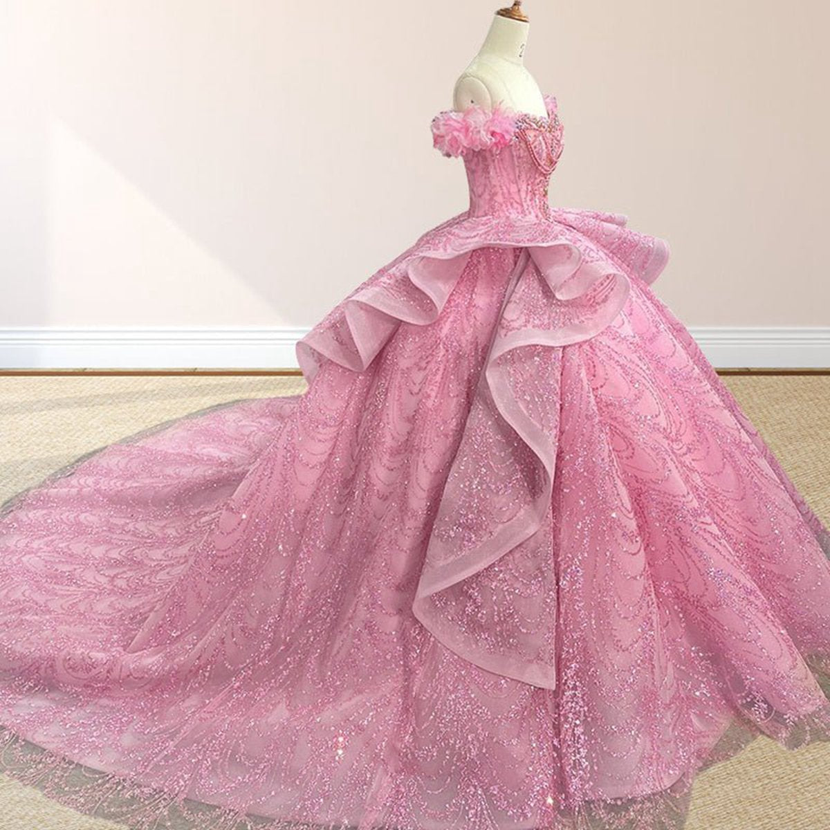 Quinceanera Dresses with Sequins Off the Shoulder Chapel Train