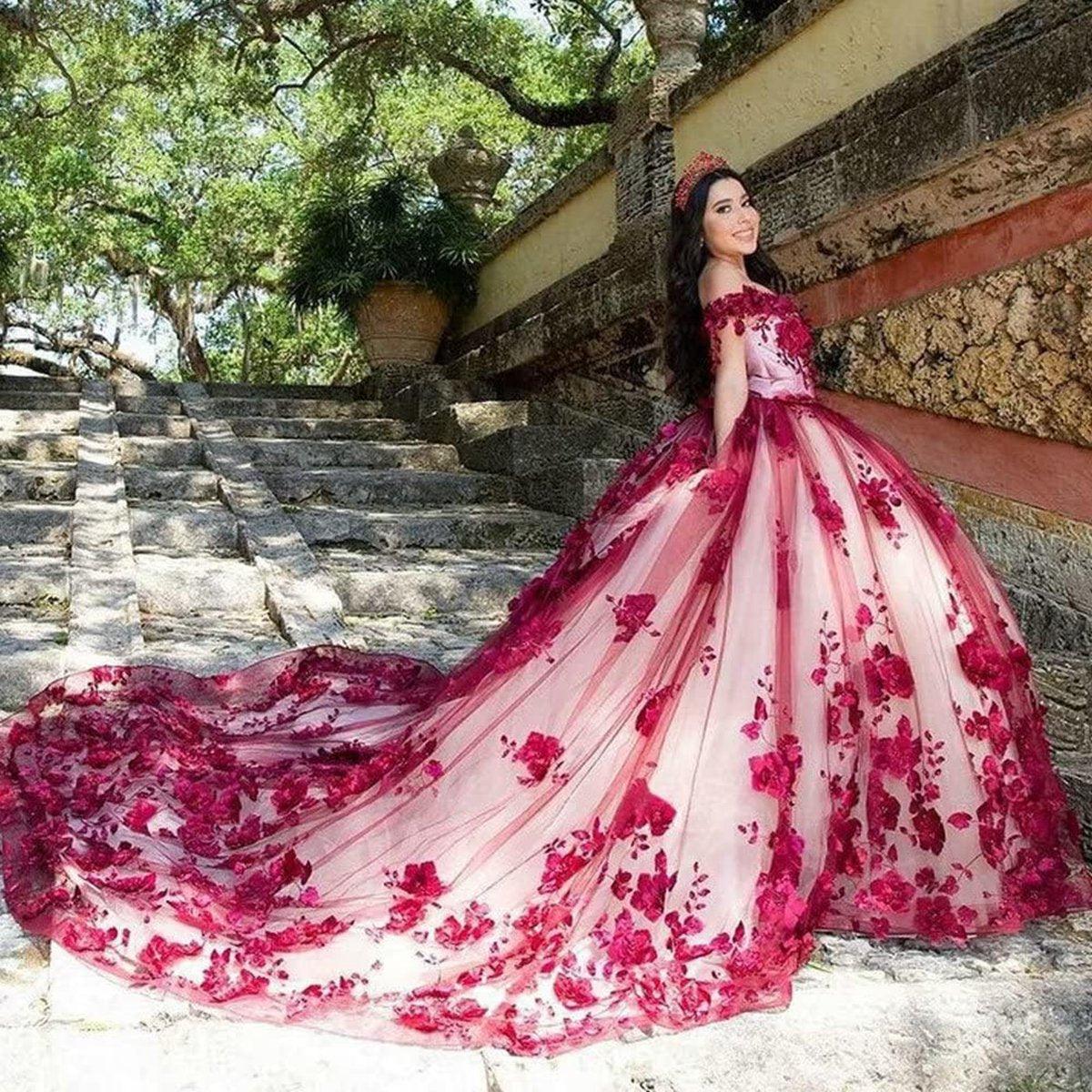 Lace Quinceanera Dresses Off Shoulder Corset Vestidos Pearls Flowers