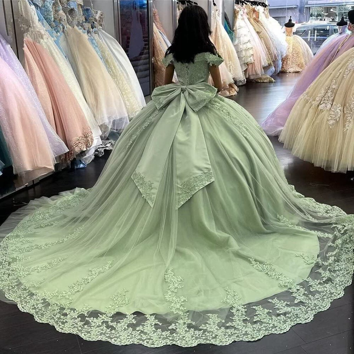 Lace Sage Applique Off Shoulder Quinceanera Dresses