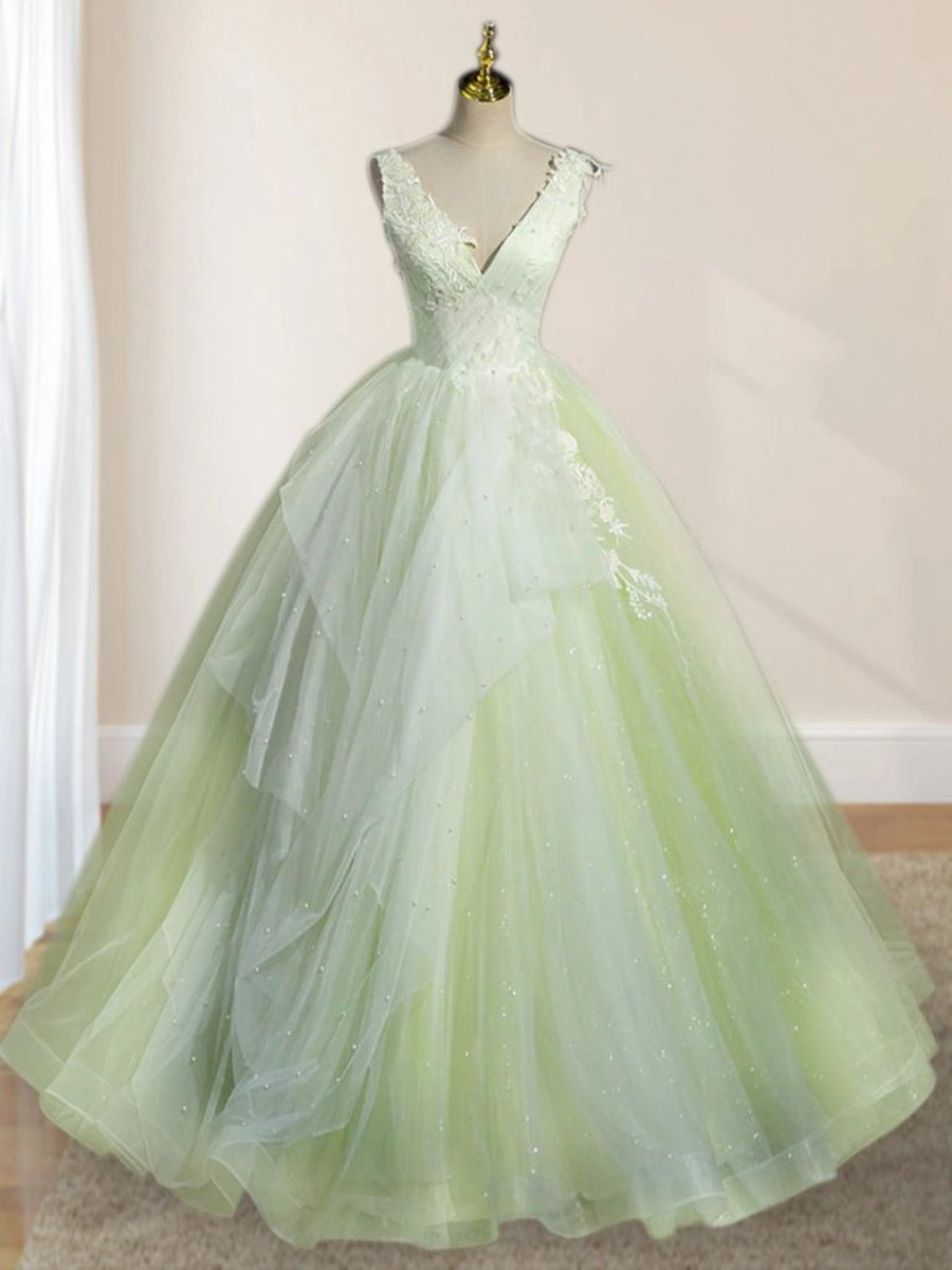 A-line V Neck Tulle Sage Long Prom Quinceanera Dresses