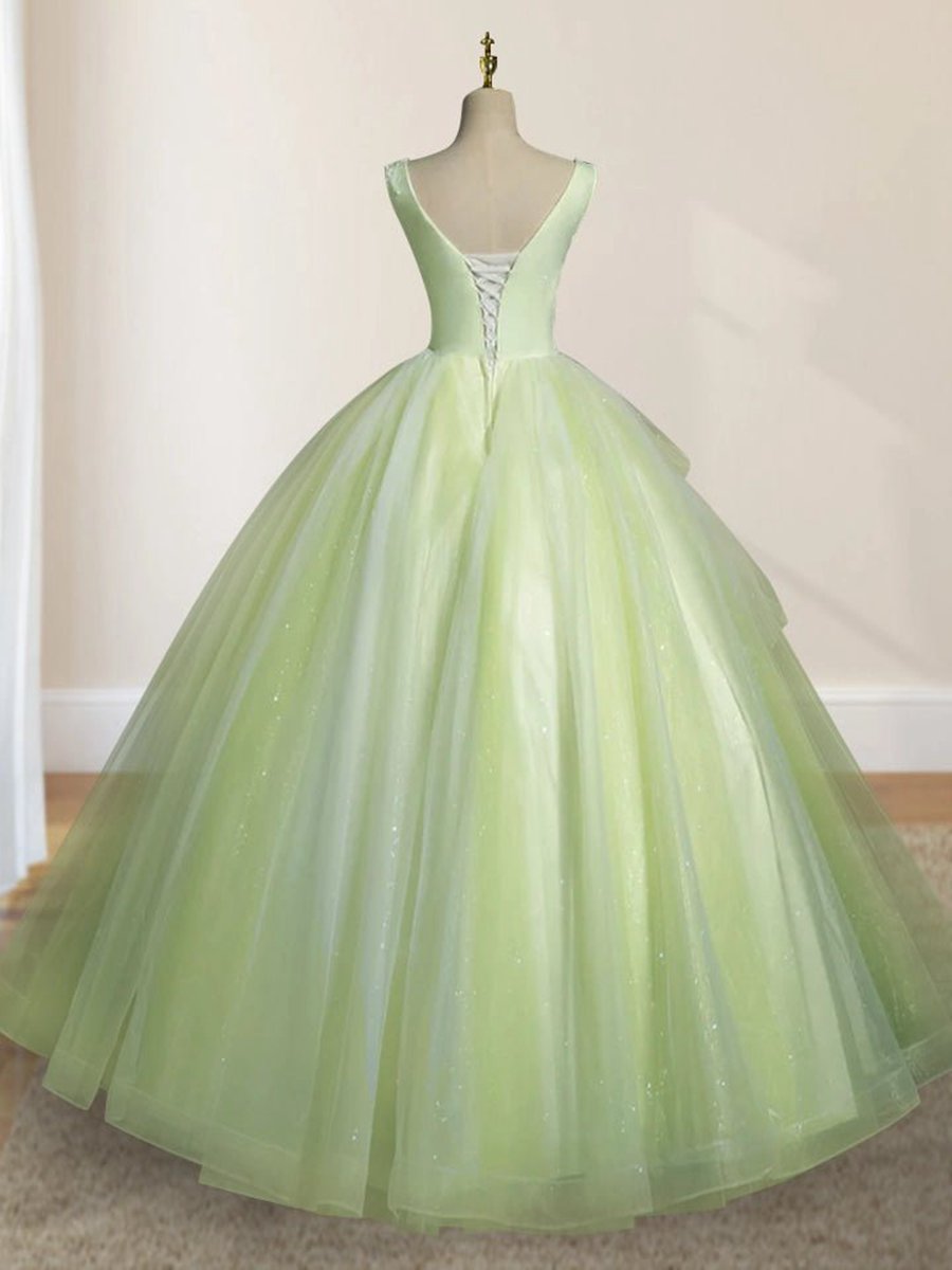 A-line V Neck Tulle Sage Long Prom Quinceanera Dresses