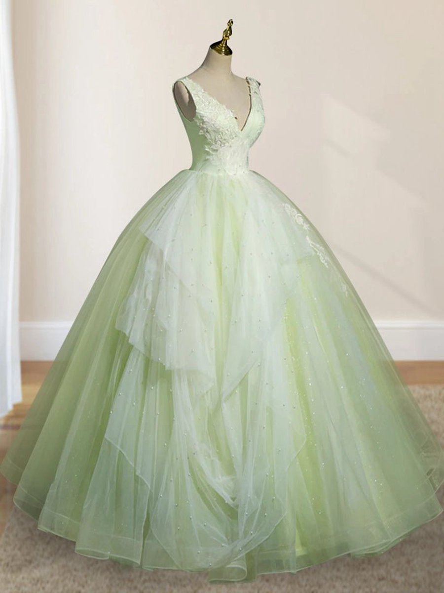A-line V Neck Tulle Sage Long Prom Quinceanera Dresses