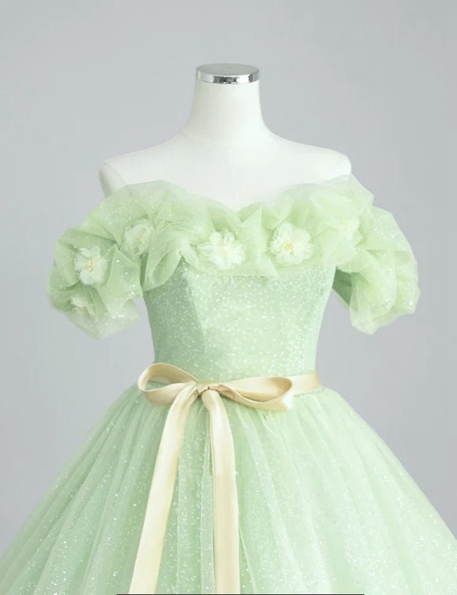A-line Off Shoulder Tulle Sage Long Prom Dresses
