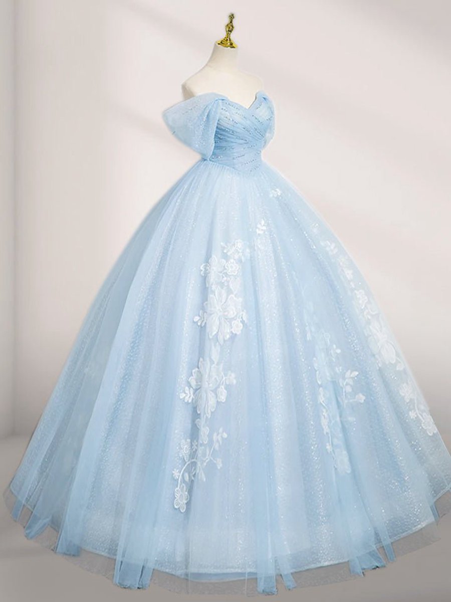 A-line Tulle Lace Long Prom Dresses Off Shoulder Dresses