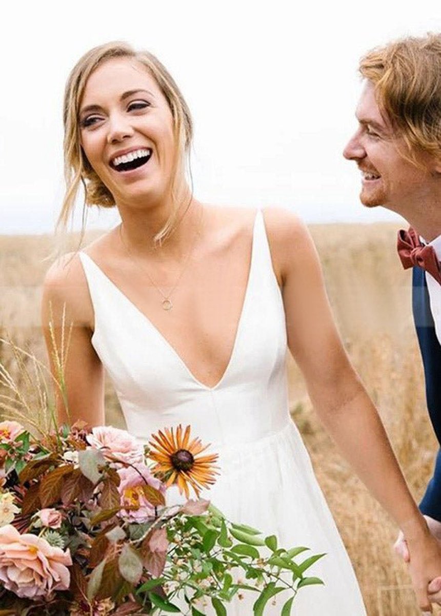 A-line Sleeveless Chiffon Deep V Neck Simple Long Beach Wedding Dresses