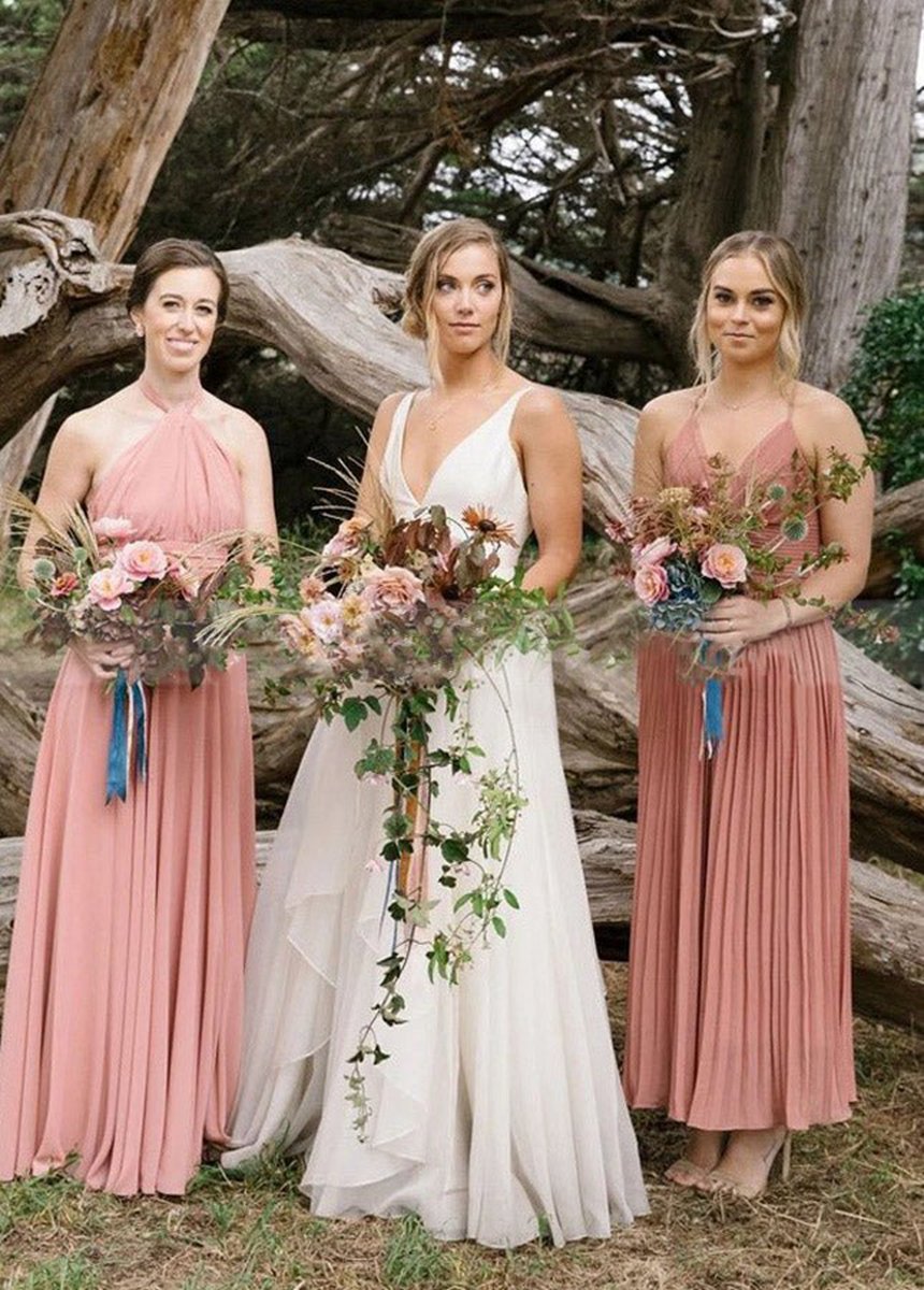 A-line Sleeveless Chiffon Deep V Neck Simple Long Beach Wedding Dresses