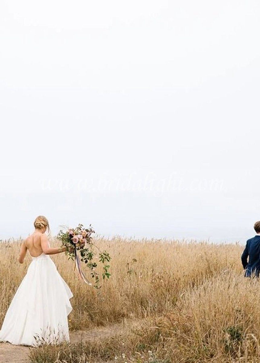 A-line Sleeveless Chiffon Deep V Neck Simple Long Beach Wedding Dresses