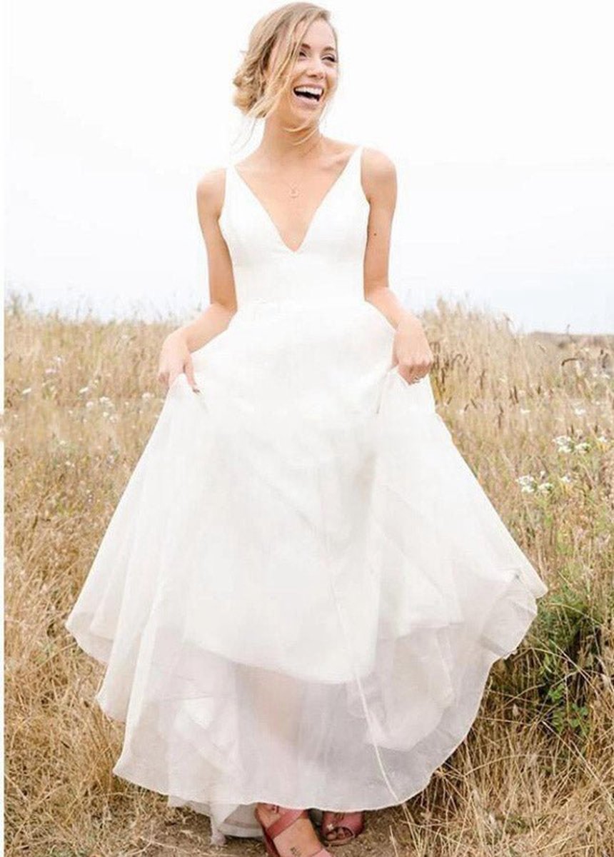 A-line Sleeveless Chiffon Deep V Neck Simple Long Beach Wedding Dresses