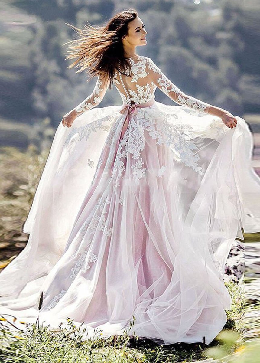 and Lace Appliques Long Sleeves Tulle Wedding Dresses with Belt