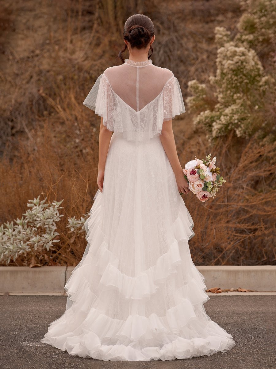 High Split A-line See-through Short Sleeves Ruffle Tulle Wedding Dresses