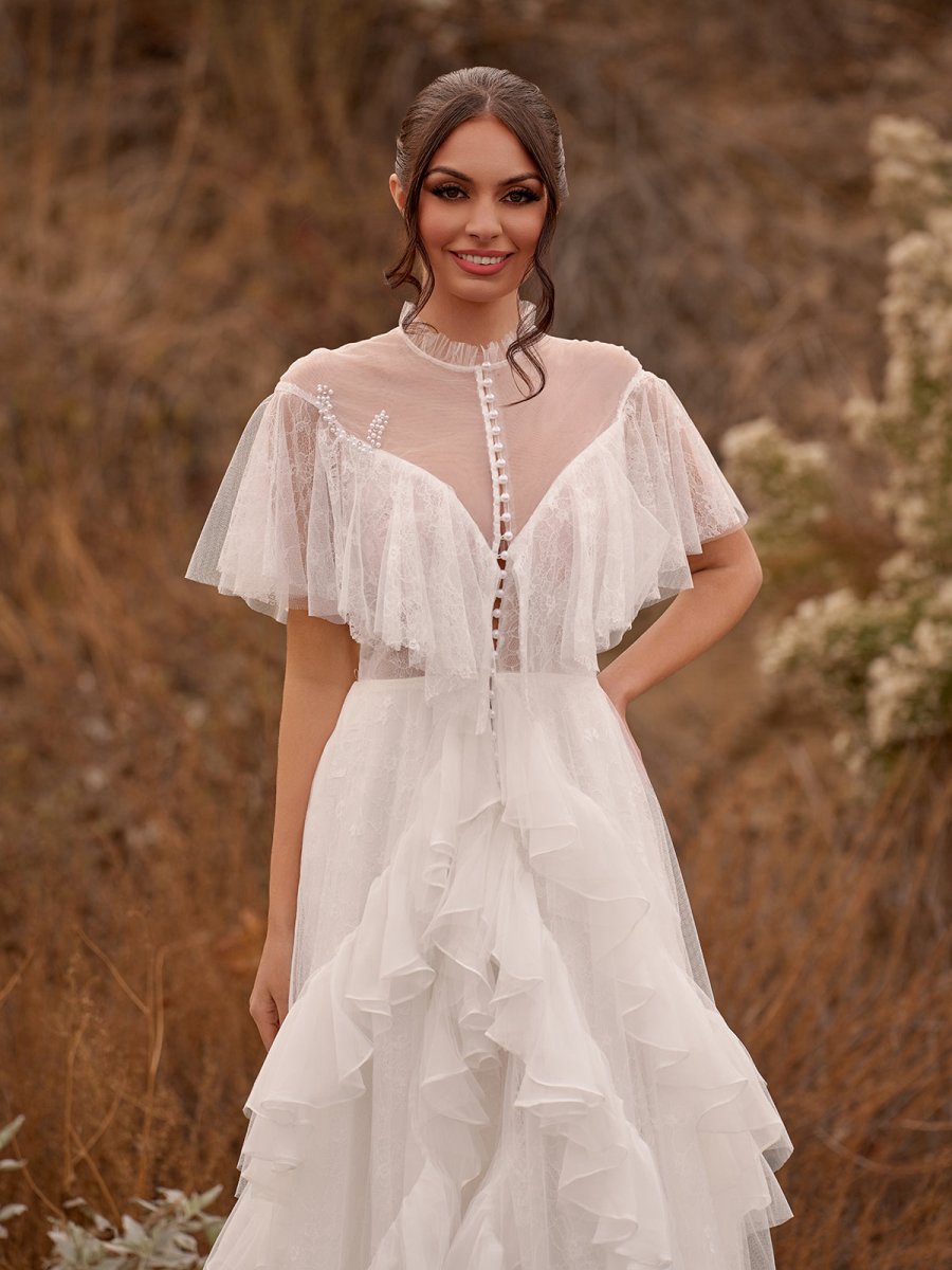 High Split A-line See-through Short Sleeves Ruffle Tulle Wedding Dresses