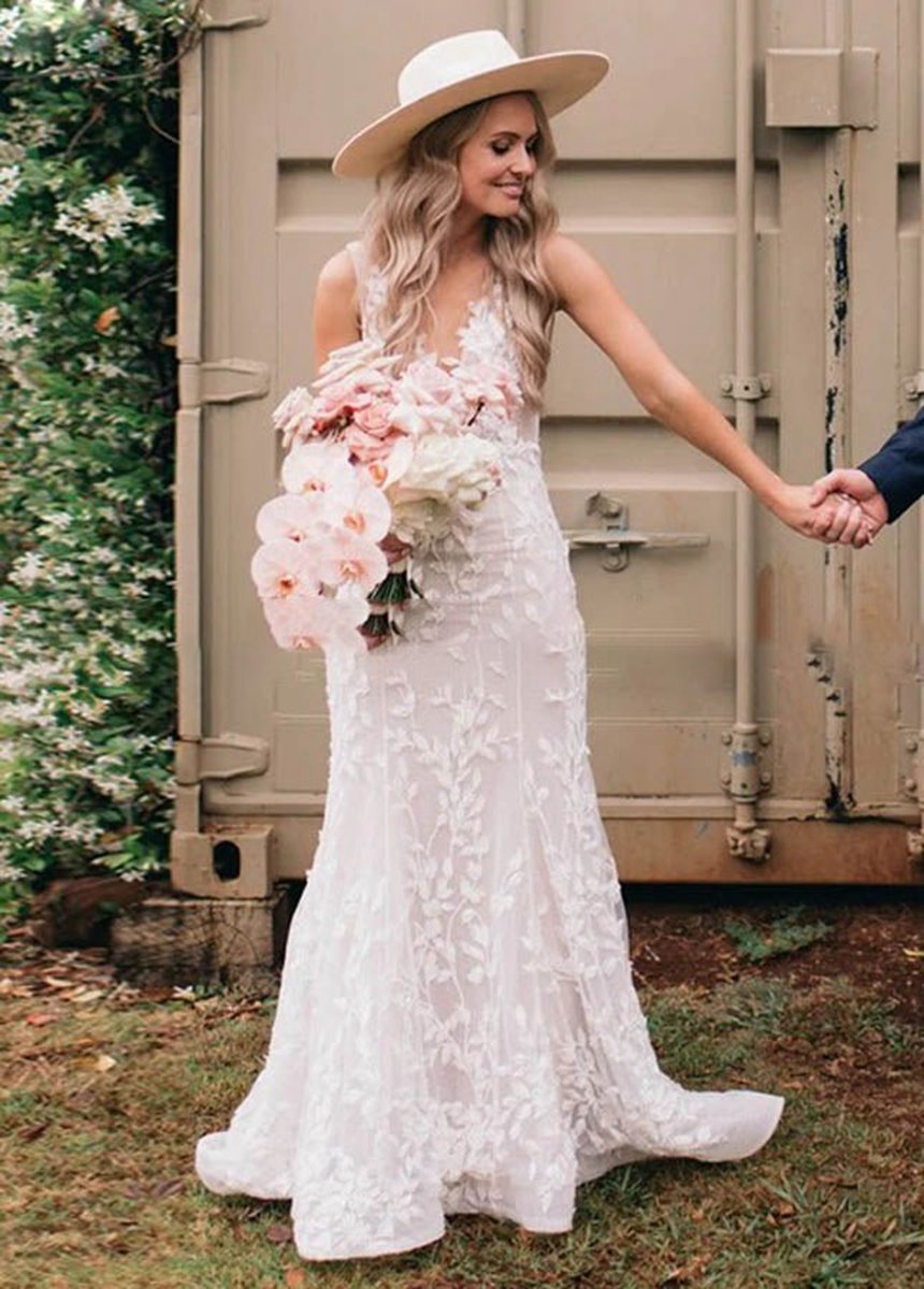 Leaf Lace Appliques Mermaid V-Neck Backless Long Women Wedding Bridal Dresses