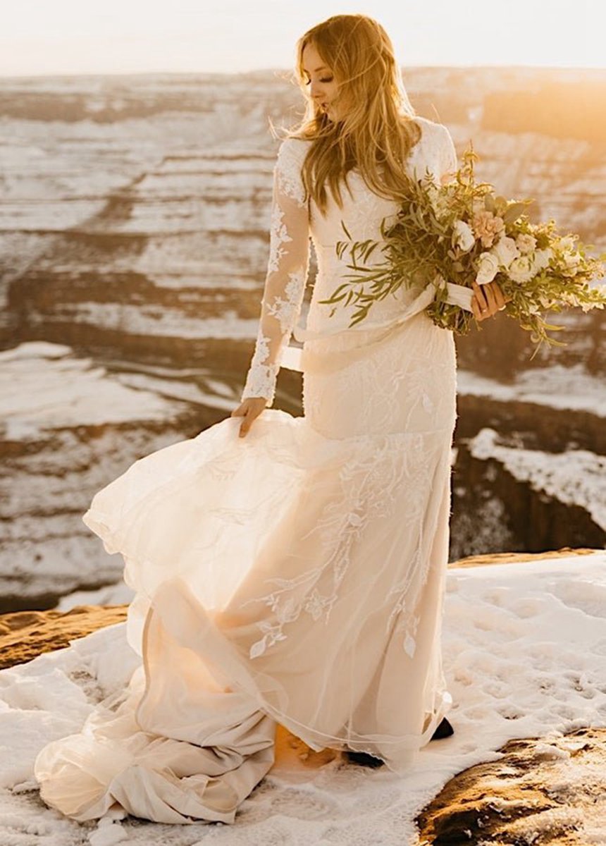 Gorgeous Boho Lace Long-Sleeves Mermaid Appliques Wedding Dresses