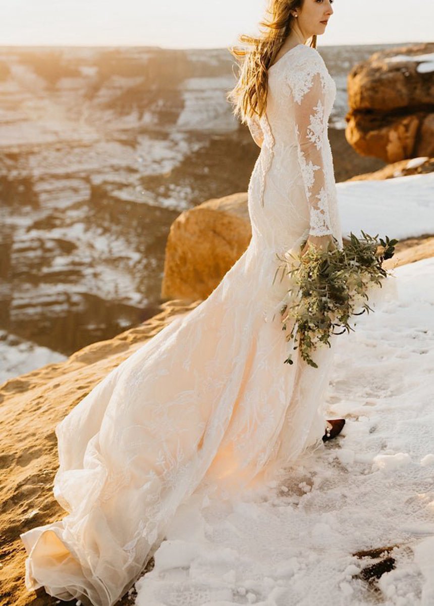 Gorgeous Boho Lace Long-Sleeves Mermaid Appliques Wedding Dresses