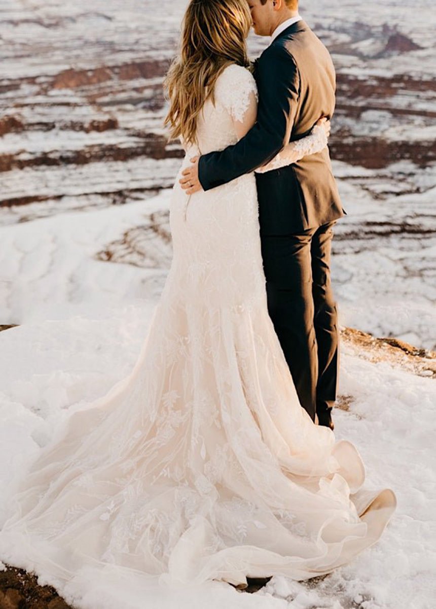 Gorgeous Boho Lace Long-Sleeves Mermaid Appliques Wedding Dresses