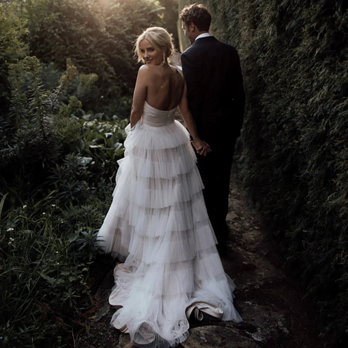 Sleeveless A-line Strapless Bohemian Tie Tulle Wedding Dresses