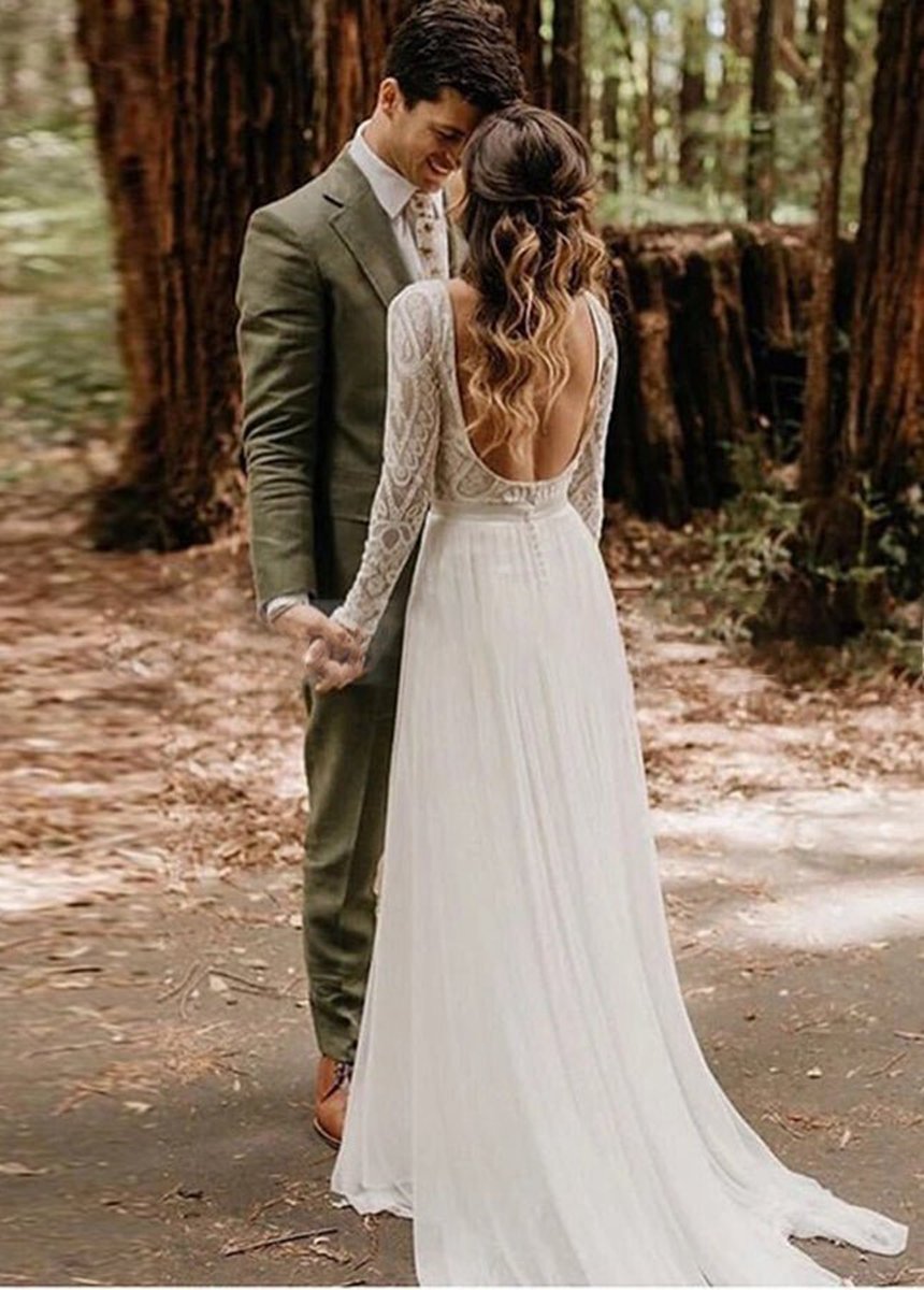 Beach Gorgeous Lace A-line Appliqued Open Back Wedding Dresses with Long Sleeves
