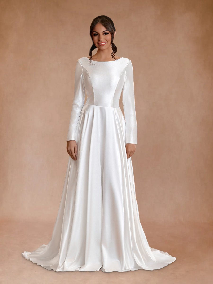 Vintage Satin A-line Bateau Neckline Long Sleeves Bridal Gown Wedding Dresses