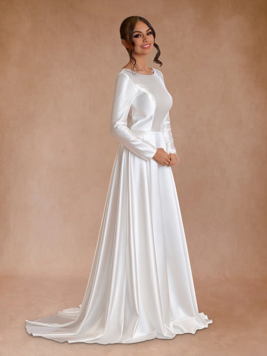 Vintage Satin A-line Bateau Neckline Long Sleeves Bridal Gown Wedding Dresses