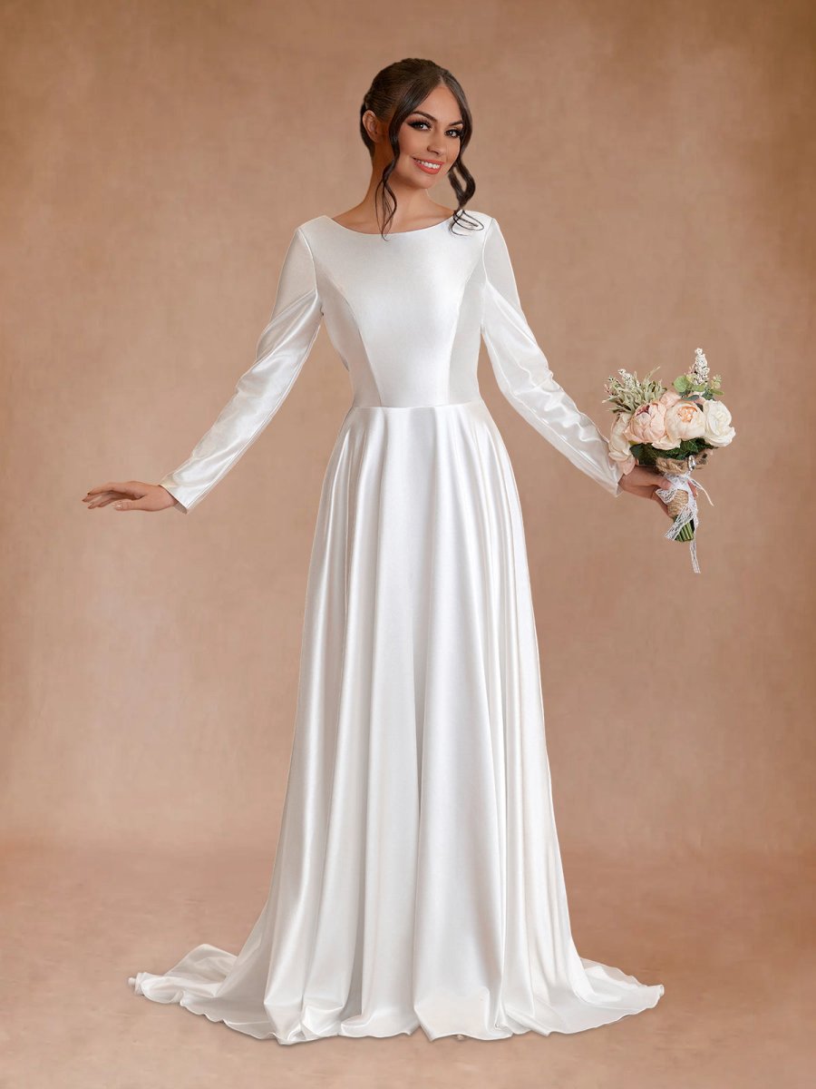 Vintage Satin A-line Bateau Neckline Long Sleeves Bridal Gown Wedding Dresses