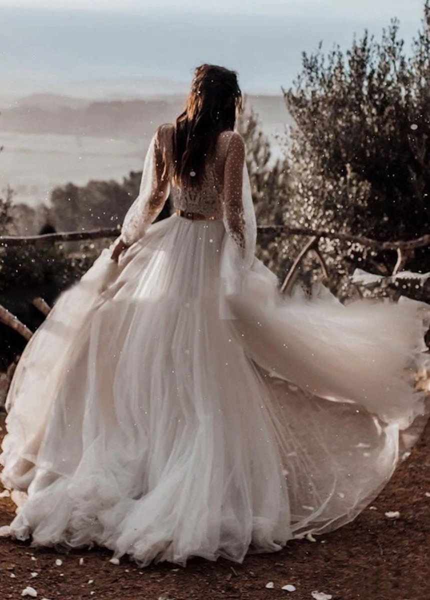 Two Piece Boho Dreamy A-line Tulle V-Neck Wedding Dresses Full Sleeve