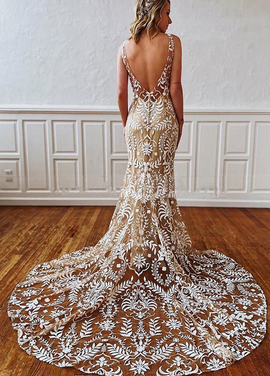 Boho Lace Open Back Sleeveless Appliqued Beach Wedding Dresses