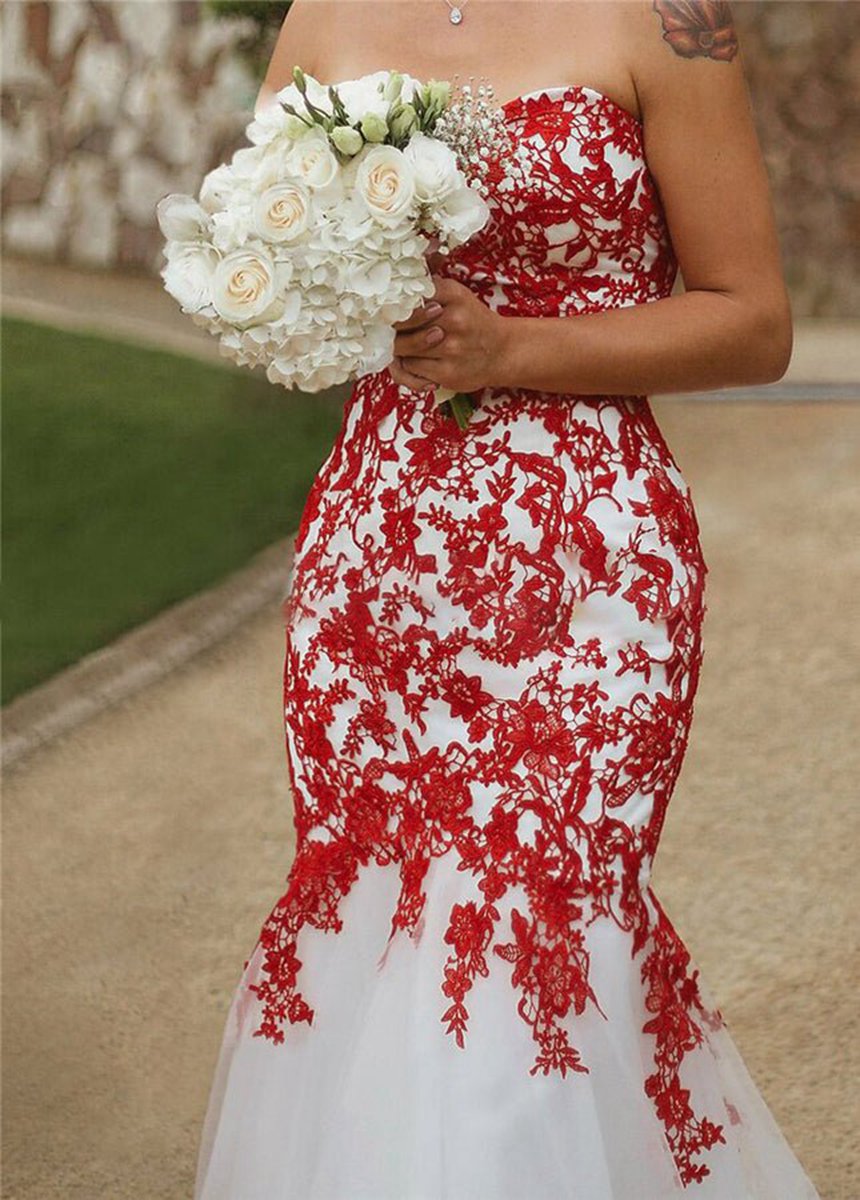 Sweetheart Sleeveless White-Lace Appliques Mermaid Wedding Dresses