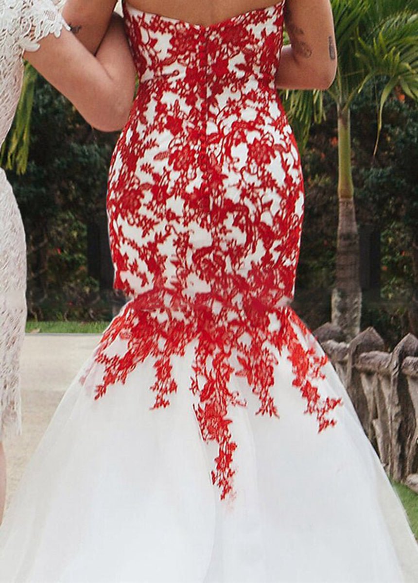 Sweetheart Sleeveless White-Lace Appliques Mermaid Wedding Dresses