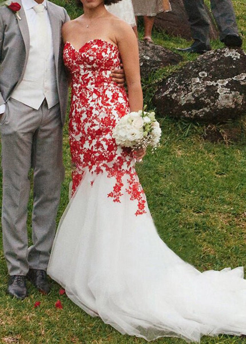 Sweetheart Sleeveless White-Lace Appliques Mermaid Wedding Dresses