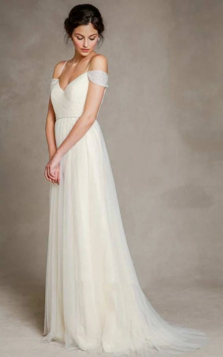 A-line Spaghetti Straps Off-the-Shoulder Tulle Long Wedding Dresses