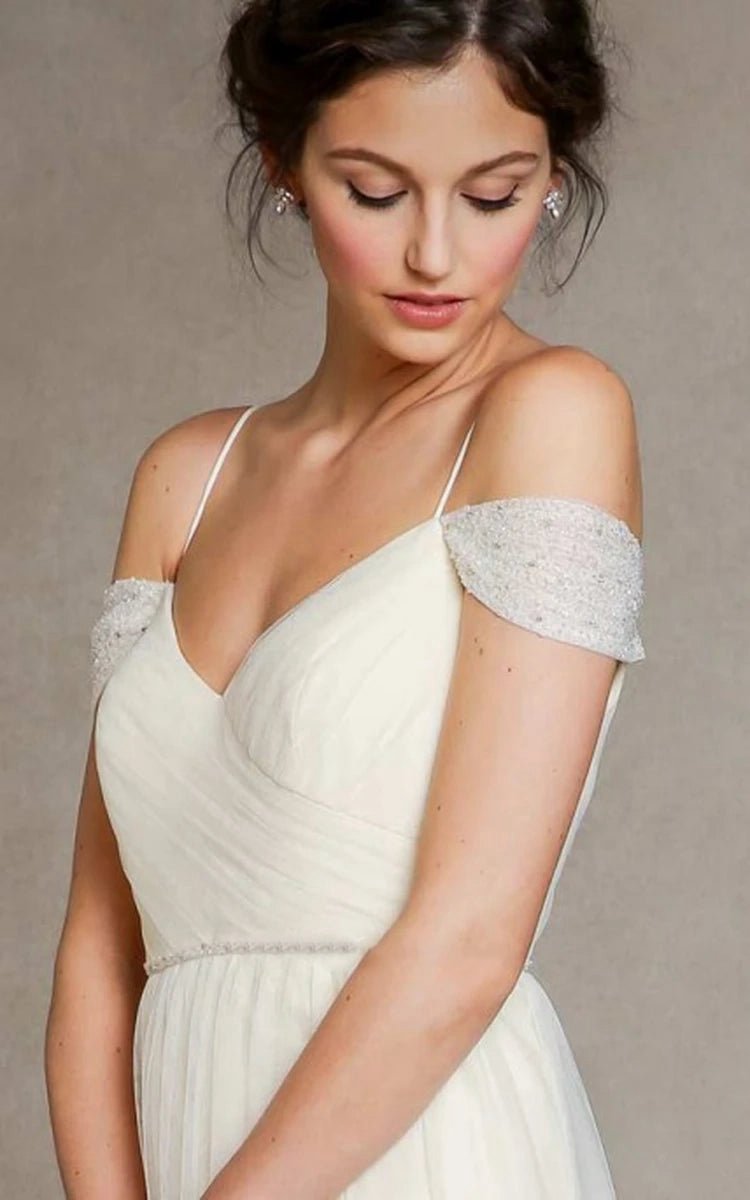 A-line Spaghetti Straps Off-the-Shoulder Tulle Long Wedding Dresses