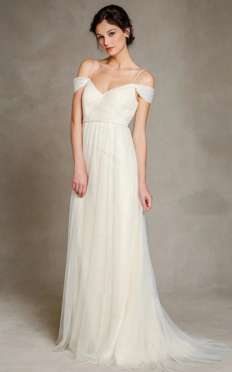 A-line Spaghetti Straps Off-the-Shoulder Tulle Long Wedding Dresses