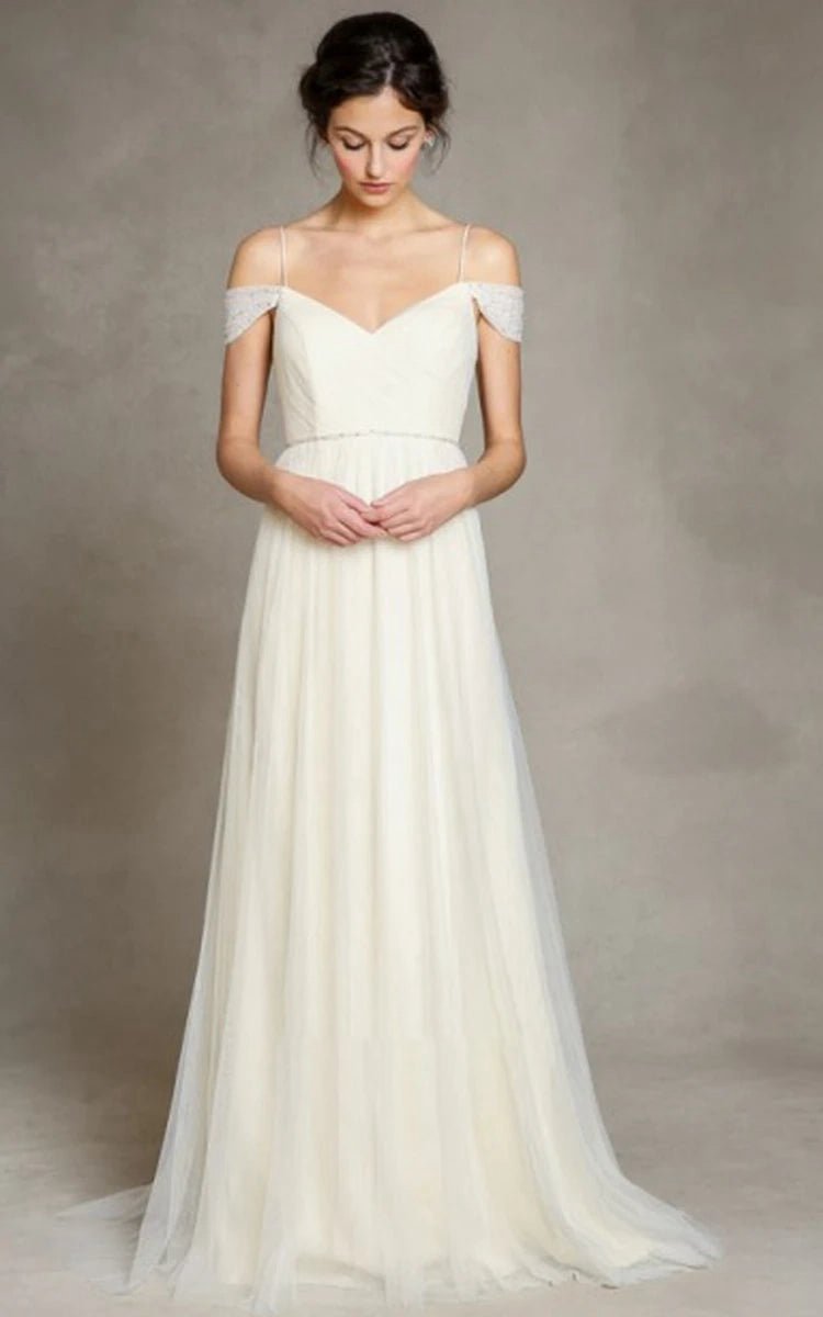 A-line Spaghetti Straps Off-the-Shoulder Tulle Long Wedding Dresses