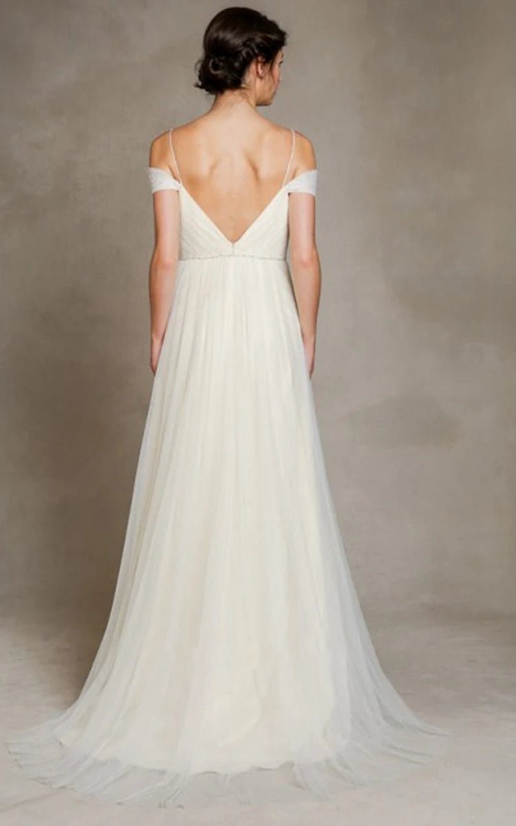 A-line Spaghetti Straps Off-the-Shoulder Tulle Long Wedding Dresses