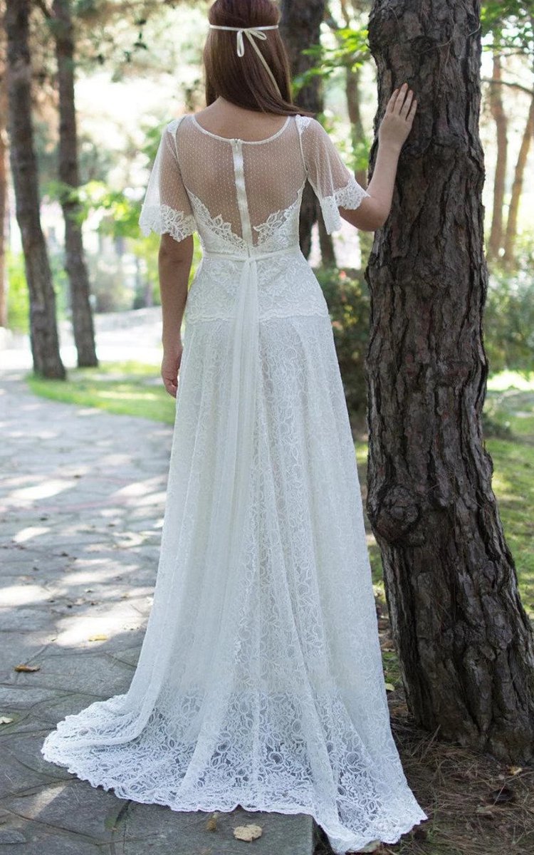 A-line Short Sleeve Lace Appliques Illusion Back Wedding Dresses with Sash