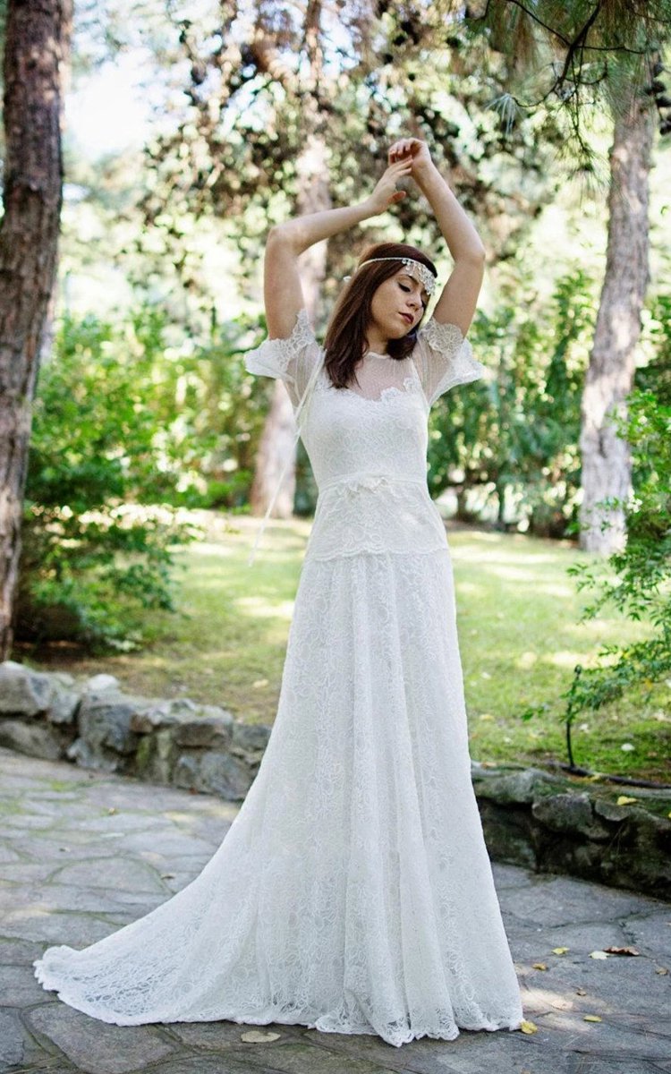 A-line Short Sleeve Lace Appliques Illusion Back Wedding Dresses with Sash
