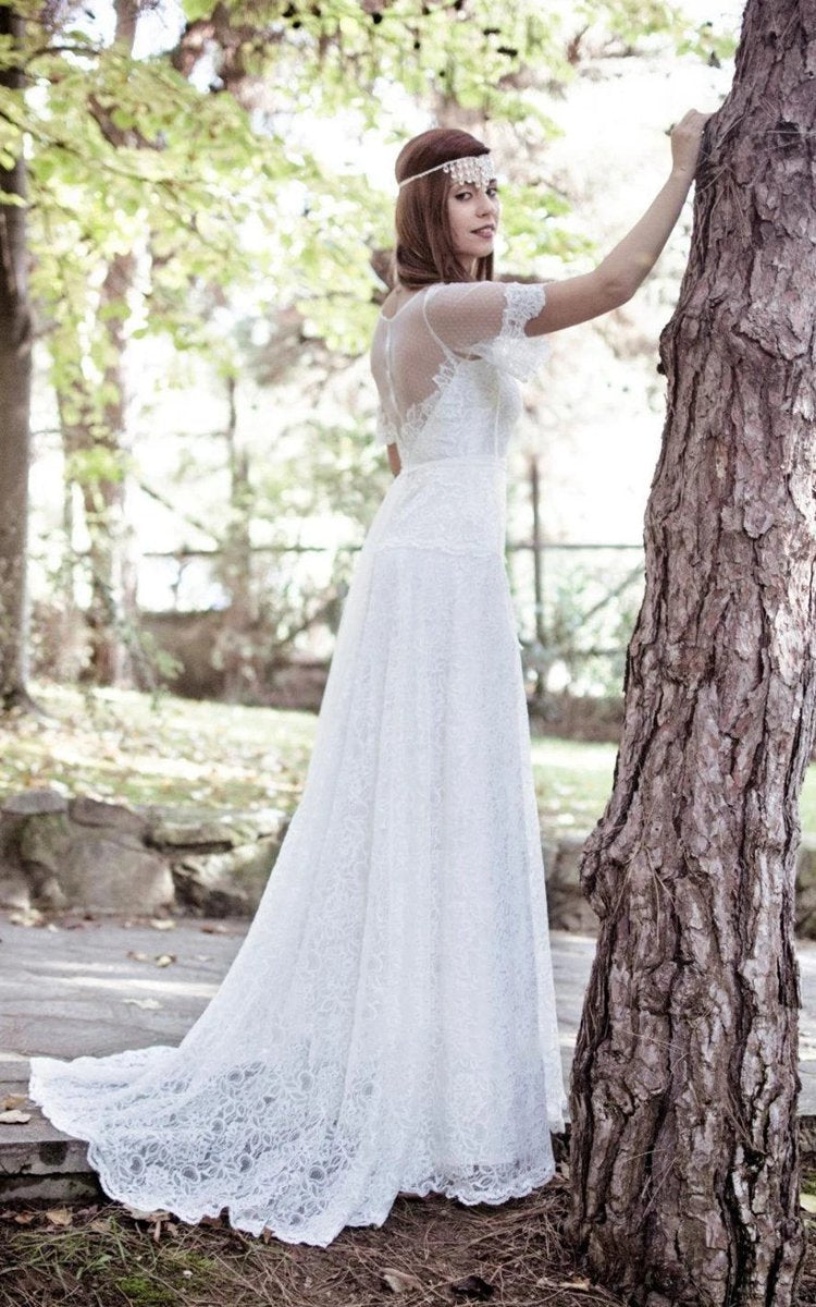 A-line Short Sleeve Lace Appliques Illusion Back Wedding Dresses with Sash