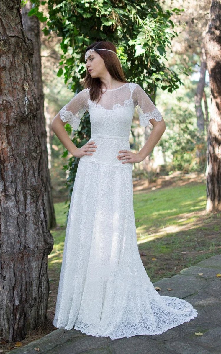 A-line Short Sleeve Lace Appliques Illusion Back Wedding Dresses with Sash