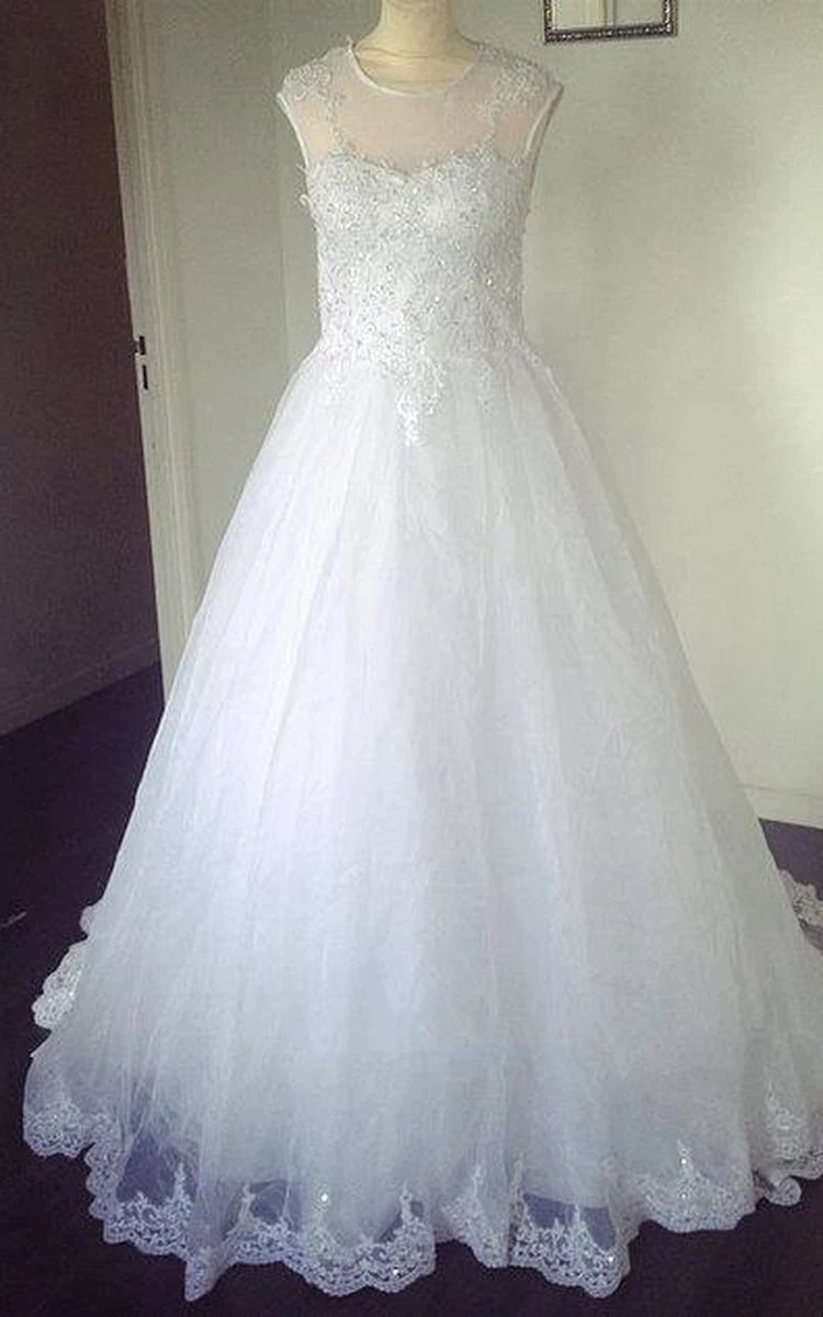 Jewel Neck Sleeveless Appliqued A-line Beading Tulle Wedding Dresses