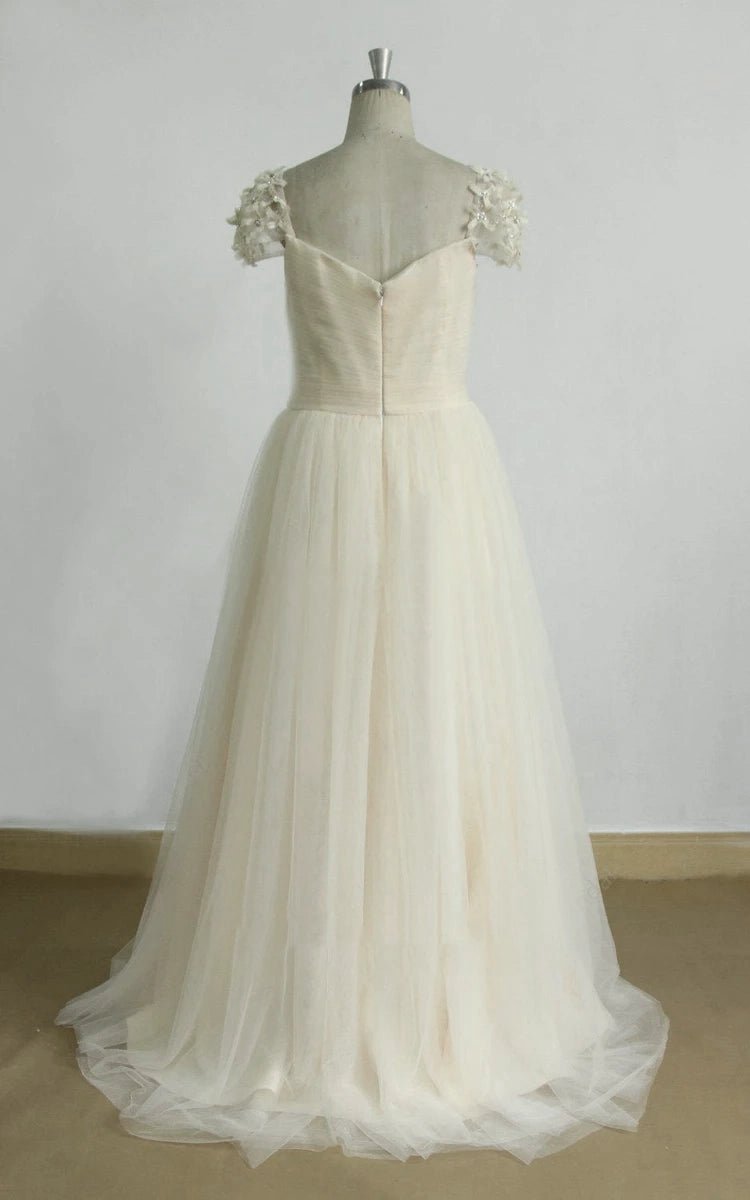 A-line Cap Sleeve Sweetheart Tulle Sweep Train Long Wedding Dresses