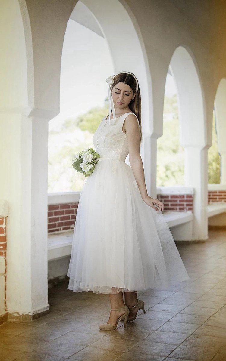 1950S Vintage Deep V Back Sleeveless Short Tulle Wedding Dresses