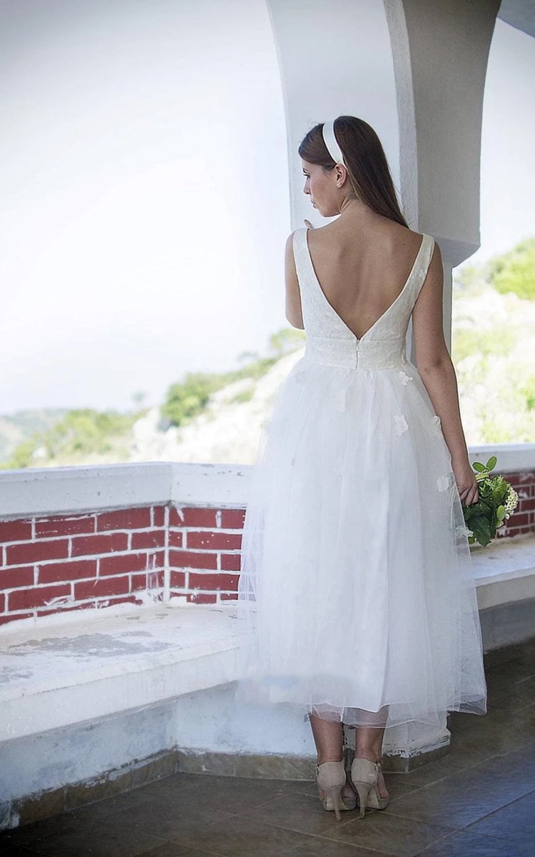 1950S Vintage Deep V Back Sleeveless Short Tulle Wedding Dresses