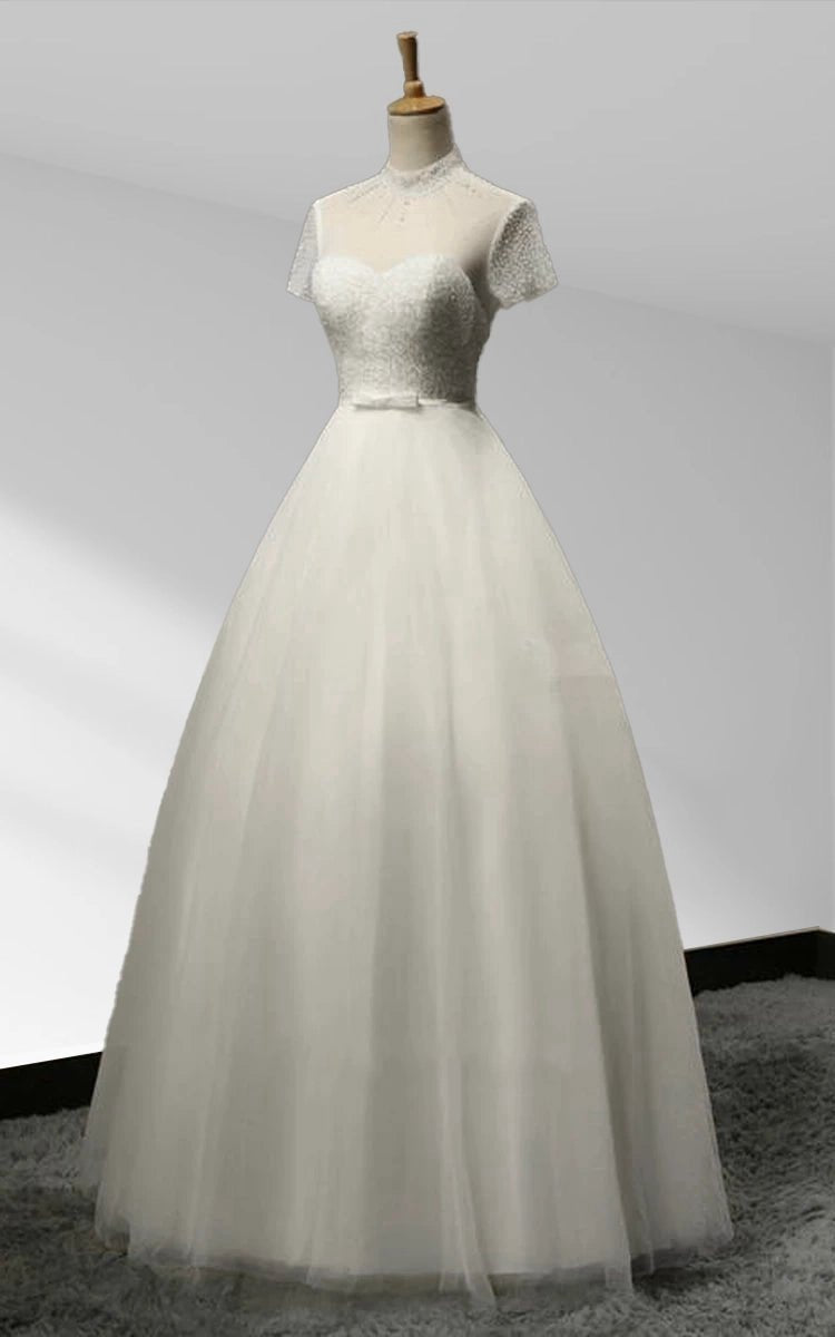 High Neck A-line Tulle Short Sleeves Lace-Up Backless Beading Wedding Dresses