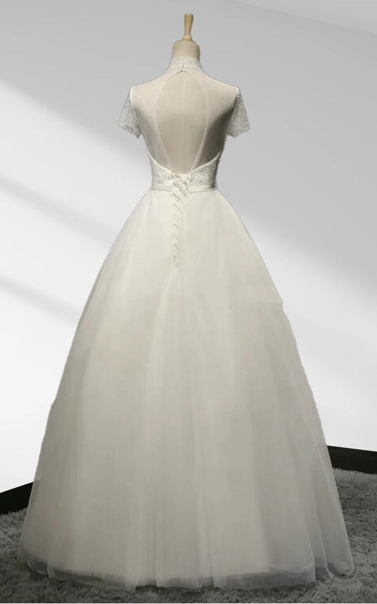High Neck A-line Tulle Short Sleeves Lace-Up Backless Beading Wedding Dresses