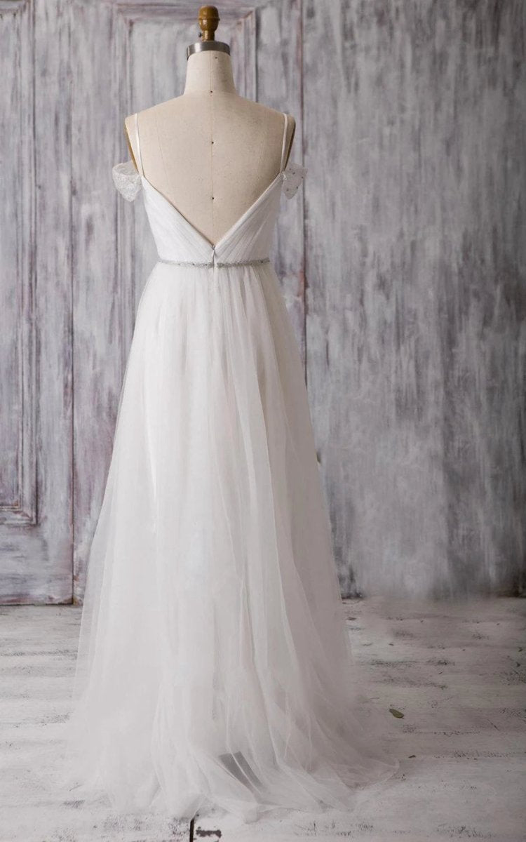 Spaghetti Strap Long A-line Tulle Wedding Dresses with Crisscross Ruching