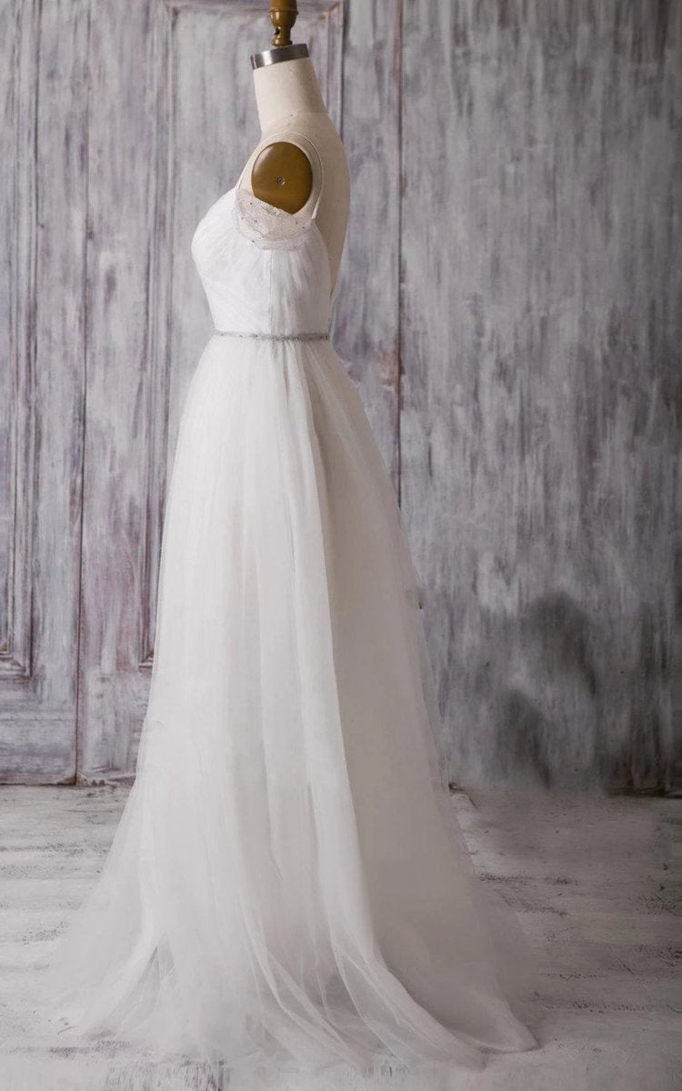 Spaghetti Strap Long A-line Tulle Wedding Dresses with Crisscross Ruching