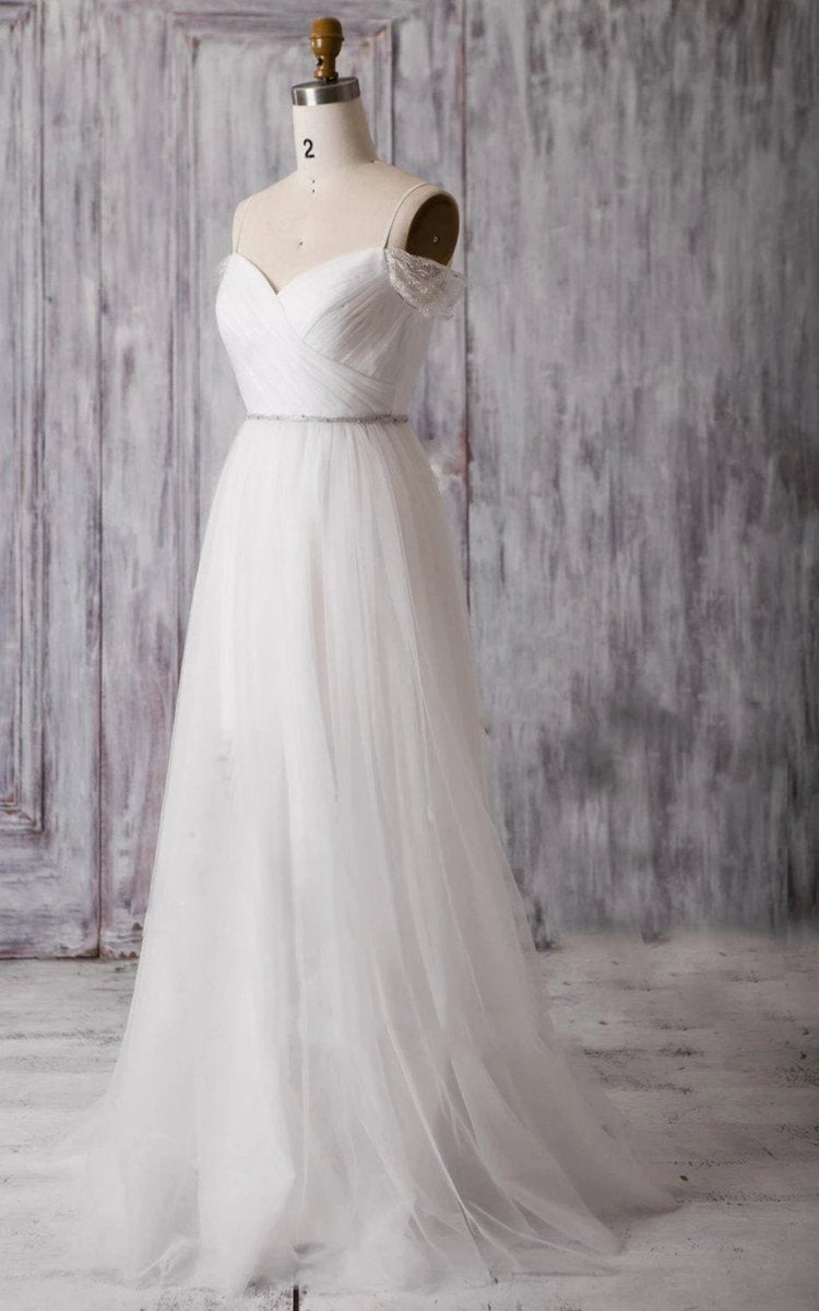 Spaghetti Strap Long A-line Tulle Wedding Dresses with Crisscross Ruching