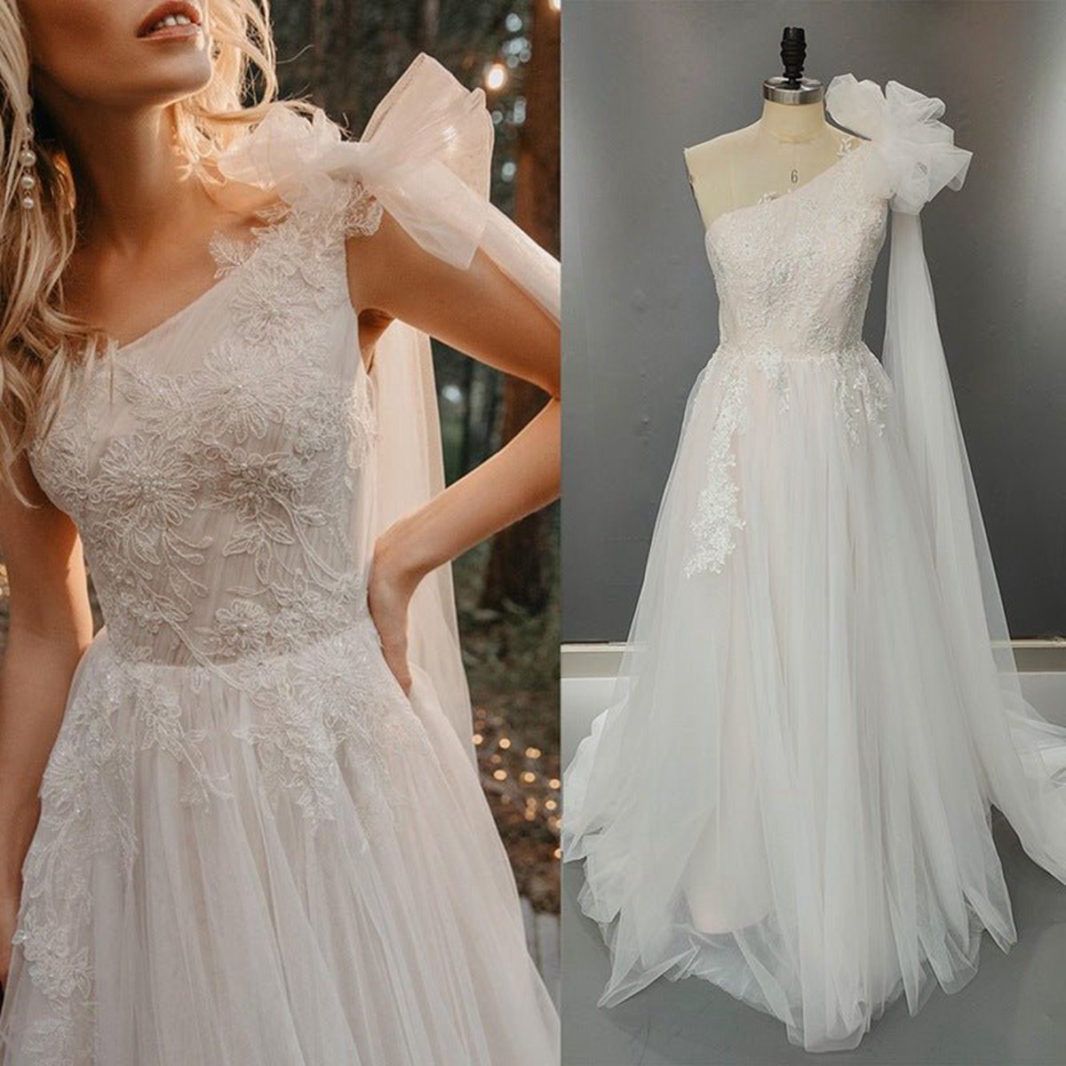 One Shoulder A-line Tulle Sleeveless Zipper Lace Wedding Dresses with Shawl
