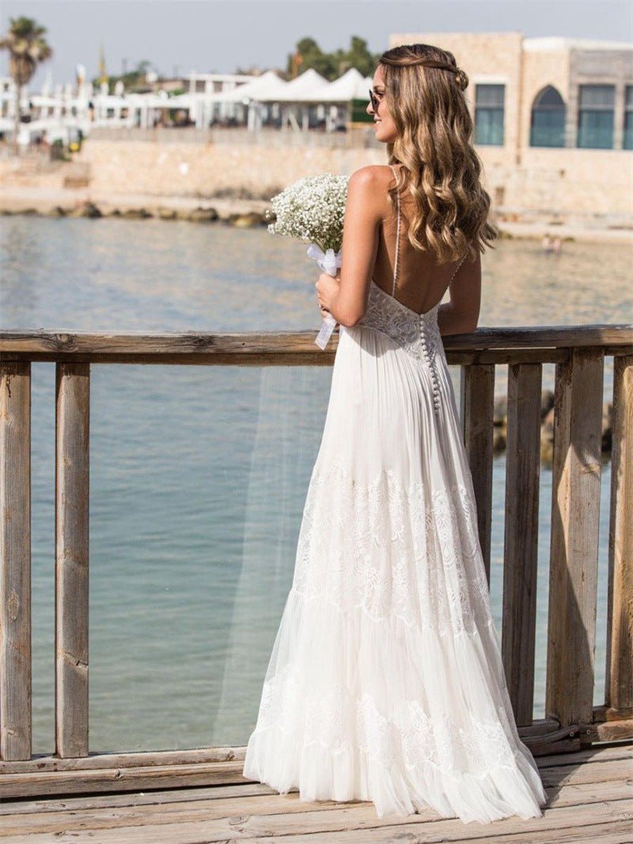 Simple A-line V Neck Sleeveless Spaghetti Straps Beach Wedding Dresses