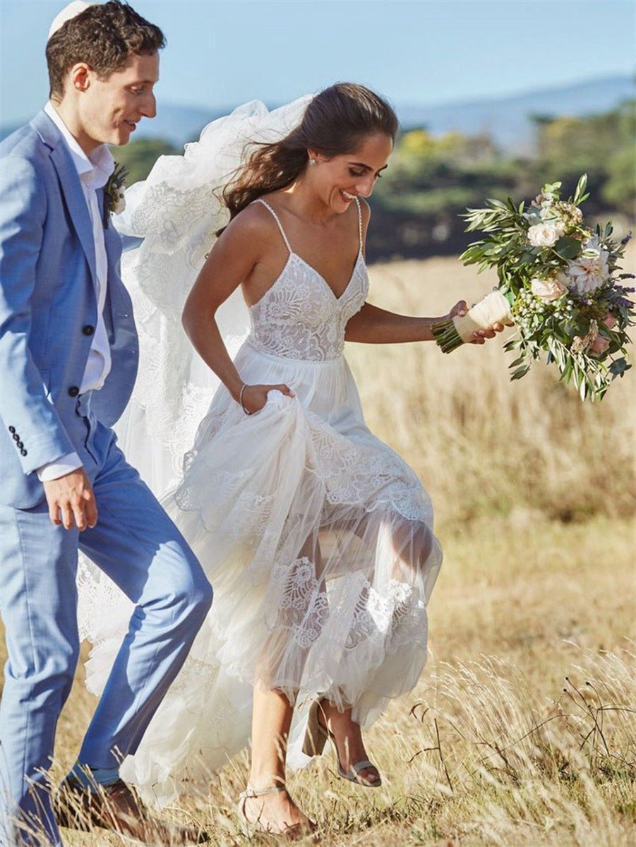 Simple A-line V Neck Sleeveless Spaghetti Straps Beach Wedding Dresses